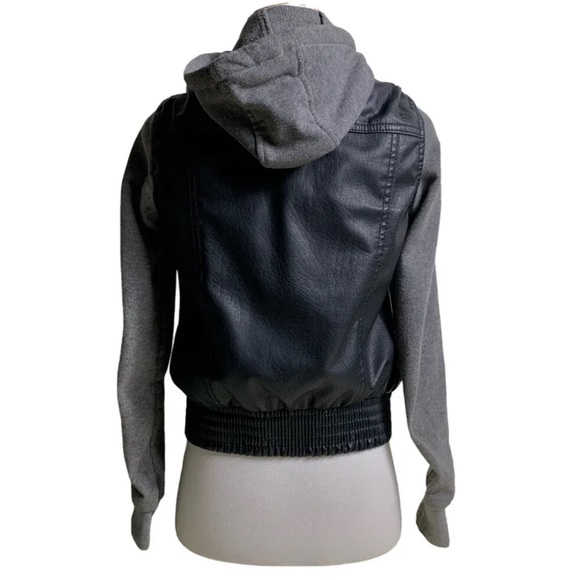 Womens Vegan Faux Leather Jacket Small Miss London Zip Up Hoodie Black/Gray - Picture 6 of 12